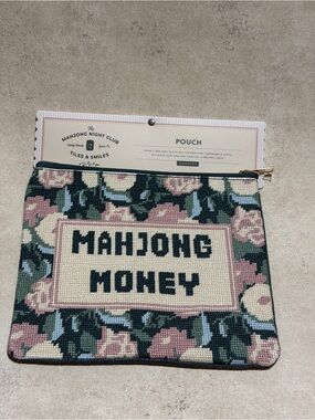 "Mahjong Money" Floral Needlepoint Pouch - Pink & Green